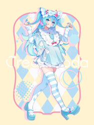 Rule 34 | 1girl, absurdres, alternate hairstyle, aqua dress, aqua hair, aqua shoes, asymmetrical legwear, bow, cherry, commentary, cute x subculture hatsune miku design contest, dress, fashion, food, food print, fruit, hat, hatsune miku, highres, holding, holding own hair, ice cream, ice cream float, long hair, looking at viewer, mary janes, mismatched legwear, sapphire ethu, shoes, solo, thighhighs, tongue, tongue out, two side up, vocaloid, walking, white bow, zettai ryouiki