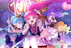 4girls :d aino_megumi anniversary arm_cuffs artist_name black_shirt black_thighhighs blue_bow blue_eyes blue_hair blue_neckerchief blue_skirt bow bracelet crown cure_fortune cure_honey cure_lovely cure_princess dot_nose english_text facing_viewer finger_gun fireworks floating_hair grin hair_bow hand_on_own_thigh hand_up hands_up happinesscharge_precure! headset heart highres hikawa_iona jewelry kneehighs leaning_forward legs_together long_hair looking_at_viewer mini_crown multiple_girls neckerchief night one_eye_closed oomori_yuuko open_mouth outdoors outstretched_arm outstretched_hand pink_bow pink_eyes pink_hair pink_skirt precure purple_eyes purple_hair reaching reaching_towards_viewer shipu_(gassyumaron) shirayuki_hime shirt short_sleeves sitting skirt smile socks spread_fingers straight_hair thighhighs twintails twitter_username v-shaped_eyebrows white_thighhighs wrist_cuffs yellow_bow yellow_skirt zettai_ryouiki