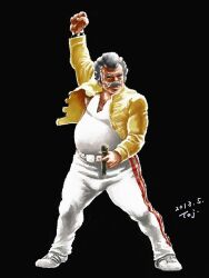 1boy 2013 alternate_costume arm_up artist_name ayk-rs401i bad_tag belt black_background corel_painter_(medium) cosplay dated facial_hair fist_pump freddie_mercury freddie_mercury&#039;s_rage_pose freddie_mercury_(cosplay) gundam holding holding_microphone microphone mobile_suit_gundam mustache parody ramba_ral shirt simple_background solo style_parody white_belt white_shirt yellow_shirt