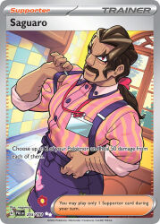 Rule 34 | 1boy, apron, arm hair, artist name, brown hair, buttons, card (medium), character name, closed mouth, company name, copyright name, copyright notice, dark-skinned male, dark skin, english text, facial hair, gen 1 pokemon, holding strap, id card, indoors, jigglypuff, long hair, male focus, mature male, muscular, muscular male, mustache, nagimiso, nintendo, official art, pokemon, pokemon card, pokemon sv, pokemon tcg, ponytail, purple apron, red eyes, saguaro (pokemon), shirt, solo, striped clothes, striped shirt, suspenders, third-party source, trading card, vertical-striped clothes, vertical-striped shirt, window