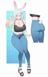 1girl absurdres animal_ear_fluff animal_ears arm_support ass black_nails black_shirt blue_eyes blue_pants breasts brown_jacket cleavage commentary commission crop_top cropped_jacket cropped_legs denim double-parted_bangs english_commentary feet grey_hair grin hair_ornament highres invisible_chair jacket jeans knees_together_feet_apart large_breasts long_sleeves looking_at_viewer medium_hair midriff mole mole_on_breast multiple_views nail_polish navel off_shoulder open_clothes open_jacket original pants platform_sandals rabbit_ears rabbit_girl rabbit_tail sandals shirt sin_(sintrybest) sitting sleeveless sleeveless_shirt sleeves_past_wrists smile star-shaped_pupils star_(symbol) symbol-shaped_pupils tail tight_clothes tight_pants toenail_polish toenails toes v
