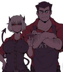 Rule 34 | 1boy, 1girl, annoyed, arm hair, belt, black belt, black hair, black pants, black vest, crossed arms, cup, demon, demon girl, demon horns, demon tail, helltaker, helltaker (character), highres, holding, holding cup, horns, horu (horu 111), looking at viewer, malina (helltaker), pants, red eyes, red shirt, round eyewear, shadowed, shirt, sunglasses, tail, vest, white background