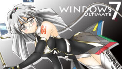 1girl 2000s_(style) 7-tan 7-tan_(ultimate) black_dress black_gloves boots breasts cable commentary_request dress elbow_gloves glasses gloves grey_eyes grey_hair highres leotard looking_at_viewer medium_breasts medium_hair mikuri_ouda original os-tan personification see-through_clothes solo white_boots white_leotard