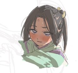 Rule 34 | 1boy, anger vein, arms up, black hair, blush, cropped shoulders, curtained hair, hey i could have died (meme), houjou tokiyuki (nige jouzu no wakagimi), japanese clothes, kariginu, kokonaraaeruyo, long hair, looking at viewer, looking up, male focus, meme, motoyui, narrowed eyes, nige jouzu no wakagimi, open mouth, osugaki, parted bangs, parted lips, ponytail, purple eyes, raised eyebrow, scene reference, shade, sidelocks tied back, simple background, smile, solo, sweat, white background