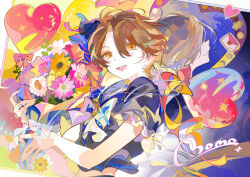 1boy abstract_background balloon black_shirt bouquet bow bowtie brown_eyes brown_hair character_name commentary_request copyright_request ezu_(e104mjd) flower heart heart_balloon highres holding holding_bouquet letter looking_at_viewer male_focus open_mouth orange_flower pink_flower shirt short_hair short_sleeves smile solo upper_body white_flower yellow_bow yellow_bowtie