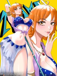 1girl absurdres arabian_clothes arm_behind_back armlet bare_shoulders breasts character_name cleavage clima-tact earrings eyelashes finger_to_mouth gem gold_necklace highres holding holding_staff jewelry large_breasts looking_at_viewer midriff nami_(one_piece) nami_(one_piece)_(alabasta) navel necklace one_piece opalis orange_eyes orange_hair paid_reward_available parted_lips red_gemstone short_hair smile staff text_focus thighs tongue tongue_out yellow_background