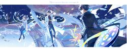 1girl 1other 2boys absurdres atmospheric_perspective black_coat black_hair blurry blurry_background border chinese_text coat feathered_wings film_cartridge film_reel floating full_body grin halo han_sooyoung highres kim_dokja knees_together_feet_apart lantercat leg_up letterboxed looking_at_object multiple_boys omniscient_reader&#039;s_viewpoint on_chair outstretched_arm planet popped_collar rainbow rainbow_gradient ribbon short_hair sitting sitting_on_object smile space sparkle too_many_papers twirling_string walking white_border white_coat white_wings wings yoo_joonghyuk