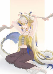 1girl aqua_eyes arknights armpits arms_behind_head arms_up bare_arms bare_shoulders blonde_hair blue_hair branch breasts brown_pants camisole choker closed_mouth crop_top crop_top_overhang dragon_girl dragon_horns eyes_visible_through_hair full_body hair_between_eyes hair_intakes hair_tie hair_tie_in_mouth hands_in_own_hair highres horns light_blush light_particles long_hair looking_at_viewer midriff mouth_hold multicolored_hair navel official_alternate_costume pants sandals shu_(arknights) shu_(spring_feast)_(arknights) sitting small_breasts solo sy509 tying_hair uroko_(pattern) very_long_hair white_sandals yellow_camisole yellow_choker