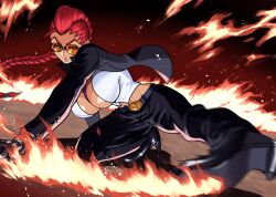 1girl akisu_k belt black_gloves braid braided_ponytail breasts cleavage_cutout clothing_cutout crimson_viper dark-skinned_female dark_skin formal_clothes glasses gloves green_eyes large_breasts long_hair looking_at_viewer open_clothes solo street_fighter street_fighter_iv_(series) suit