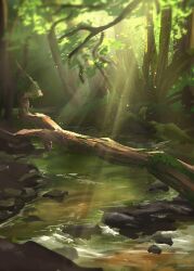 artist_name commentary day forest landscape light_rays moss nature no_humans original outdoors rock scenery stream sunbeam sunlight tree zandra