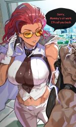 1boy 1girl biceps black_necktie blood breasts cellphone clothes_grab crimson_viper english_text gloves hair_slicked_back highres jacket jacket_on_shoulders large_breasts looking_at_another midriff navel necktie necktie_aside nosebleed orange-tinted_eyewear pants park_ongjol phone red_hair shirt_grab smartphone speech_bubble street_fighter street_fighter_6 sunglasses talking_on_phone tinted_eyewear toned toned_female white_gloves white_pants