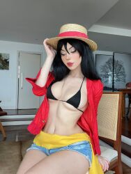 Rule 34 | 1girl, bikini, black bikini, black hair, black panties, cosplay, fegalvao, highres, jeans shorts, long hair, monkey d. luffy, monkey d. luffy (cosplay), one piece, panties, real life, sexually suggestive, shorts, solo, solo focus, swimsuit, underwear