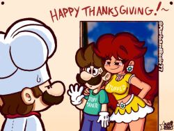 1girl 2boys annoyed big_hair breasts brown_hair earrings facial_hair flower_earrings gloves hand_on_own_hip hat jewelry long_hair luigi mario mario_(series) medium_breasts midriff multiple_boys mustache nintendo princess_daisy red_hair skirt smug standing sweatdrop thanksgiving tomboy