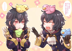 2girls bird black_hair blush_stickers brown_gloves closed_eyes dual_persona duck ebi_puri_(ebi-ebi) fire_emblem fire_emblem_awakening fire_emblem_heroes gloves hood female_morgan_(devoted_darkness)_(fire_emblem) female_morgan_(fire_emblem) multiple_girls nintendo red_eyes rubber_duck