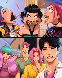 3girls 5boys black_choker black_hair black_nails black_shirt blue_eyeshadow chain chain_necklace choker collared_shirt covering_own_ears covering_own_mouth curtains dumpling eating eyeshadow food french_fries gasp green_shirt grey_hair hair_over_eyes hawaiian_shirt highres jacket jewelry jinu_(kpop_demon_hunters) kpop_demon_hunters makeup makizushi mira_(kpop_demon_hunters) multiple_boys multiple_girls mystery_(kpop_demon_hunter) necklace pink_hair pink_lips pink_shirt pink_sweater purple_hair rumi_(kpop_demon_hunters) sam_yang shirt silver_necklace sushi sweater white_jacket yellow_jacket yellow_shirt zoey_(kpop_demon_hunters)