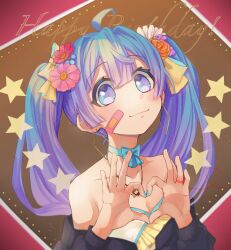 1girl absurdres ahoge ai_kotoba_iii_(vocaloid) amd_aoneko bandaid bandaid_on_cheek bandaid_on_face bare_shoulders black_jacket blue_bow blue_eyes blue_hair blue_nails blush bow bow_choker breasts choker cleavage closed_mouth collarbone commentary_request flower four-finger_heart_hands gradient_hair hair_between_eyes hair_flower hair_ornament hands_up happy_birthday hatsune_miku heart heart_hands highres jacket jewelry long_hair long_sleeves looking_at_viewer multicolored_hair necklace purple_hair smile solo star_(symbol) string string_of_fate twintails vocaloid