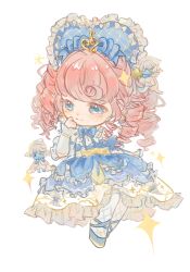 1girl ankle_ribbon argyle_clothes argyle_pantyhose azi_butaizi bare_shoulders blue_bonnet blue_bow blue_bowtie blue_dress blue_eyes blue_ribbon blue_shoes blue_sleeves bonnet bow bowtie chibi chinese_commentary classic_lolita closed_mouth collar colored_eyelashes commentary_request curly_hair detached_collar detached_sleeves doll dress drill_hair earrings faewish_sprite fortissimo frilled_arm_warmers frilled_dress frilled_headwear frilled_shirt_collar frilled_sleeves frills gown hair_bow hair_ornament hand_on_own_cheek hand_on_own_face happy heart-shaped_bonnet highres infinity_nikki jewelry leg_ribbon light_blush lolita_fashion long_dress long_hair looking_to_the_side multiple_hat_bows musical_note musical_note_hair_ornament nikki_(series) orange_hair pantyhose puffy_short_sleeves puffy_sleeves ribbon shoes short_sleeves simple_background smile solo sparkle strapless strapless_dress timeless_melody_(infinity_nikki) white_arm_warmers white_background white_bow white_collar white_pantyhose yellow_corset