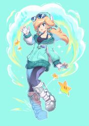 1girl backwards_hat biker_clothes bikesuit blonde_hair blue-tinted_eyewear blue_eyes blue_jacket blue_leggings bodysuit earrings eyewear_on_head fingerless_gloves gloves hair_over_one_eye hat highres jacket jewelry leggings long_hair long_sleeves mario_(series) mario_kart mario_kart_world nintendo official_alternate_costume partially_open_jacket ponytail racing_suit rosalina rosalina_(touring) saiwo_(saiwoproject) smile solo star_(symbol) star_earrings sunglasses tinted_eyewear white_gloves zipper_pull_tab