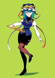 1girl black_shoes black_skirt blue_eyes blue_hat blue_vest breasts brown_pantyhose cleavage epaulettes frilled_hat frills full_body green_background green_hair hat hat_ribbon high_heels highres holding iganashi1 juliet_sleeves long_hair long_sleeves medium_breasts one-hour_drawing_challenge pantyhose pencil_skirt puffy_sleeves red_ribbon ribbon rod_of_remorse shiki_eiki shoes simple_background skirt solo standing touhou vest white_ribbon