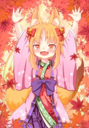 1girl animal_ears arms_up autumn_leaves bell blonde_hair emil_chronicle_online fang fox_ears fox_girl fox_tail hair_bell hair_ornament hair_ribbon japanese_clothes kimono kitune47 leaf loki_alma long_hair multiple_tails open_mouth orange_eyes red_ribbon ribbon tail