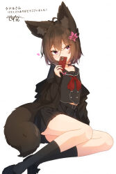 1girl absurdres ahoge animal_ear_fluff animal_ears belt belt_buckle black_belt black_bow black_sailor_collar black_serafuku black_shirt black_shoes black_skirt black_socks bow brown_hair buckle cellphone closed_mouth commentary_request coreytaiyo dated fox_ears fox_girl fox_tail hair_between_eyes hair_ornament highres holding holding_phone original phone pleated_skirt purple_eyes sailor_collar school_uniform serafuku shirt shoes signature simple_background skirt smile socks solo tail translation_request white_background