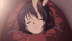 10s 1boy 1girl animated animated_gif brown_hair cheek_pinching frown kyon lowres pinching short_hair sleeping sleeping_bag spoilers suzumiya_haruhi suzumiya_haruhi_no_shoushitsu suzumiya_haruhi_no_yuuutsu waking_up