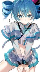 1girl alternate_costume alternate_hair_length alternate_hairstyle aqua_eyes aqua_hair black_ribbon cosplay costume_switch cropped_jacket drill_hair grey_jacket grey_skirt hair_ribbon hatsune_miku highres jacket kasane_teto kasane_teto_(cosplay) kenpii_mo looking_at_viewer midriff navel pleated_skirt red_ribbon ribbon simple_background skirt solo synthesizer_v twin_drills vocaloid white_background