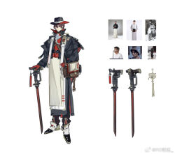 1boy apron bad_link bag belt belt_buckle bishounen black_belt black_hat black_jacket black_pants black_shoes black_sleeves blue_skirt bowler_hat brown_bag brown_belt brown_hair buckle closed_mouth collared_jacket expressionless full_body gloves gun hair_between_eyes handgun hat high_belt high_collar holding holding_sword holding_weapon jacket long_skirt long_sleeves male_focus multicolored_shoes open_belt open_clothes open_jacket original pants personification pocket puffy_long_sleeves puffy_sleeves r0_alin red_eyes red_gloves red_skirt reference_inset sheath shoes short_hair shoulder_bag simple_background skirt solo source_request sword tassel two-sided_fabric two-sided_headwear two-tone_shoes waist_apron watermark weapon weibo_watermark white_apron white_background white_shoes