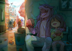 alley bench blue_pants brown_hair burger can colored_skin crack cracked_wall day deltarune denim fangs feet_out_of_frame food freckles furry furry_female green_sweater holding holding_food jeans kris_(deltarune) lanbook long_hair noelle_holiday on_bench open_mouth outdoors pants pink_skin salad shaded_face short_hair sitting smile snowdrake susie_(deltarune) sweater torn_clothes torn_jeans torn_pants trash_can window