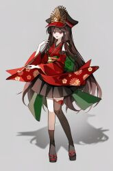 1girl absurdres alternate_costume asymmetrical_legwear back_bow black_hair black_hat black_skirt black_socks bow detached_sleeves fate/grand_order fate_(series) full_body green_bow hat highres holding holding_smoking_pipe japanese_clothes kimono long_hair looking_at_viewer mismatched_legwear oda_nobunaga_(fate) oda_nobunaga_(koha-ace) oda_uri open_mouth peaked_cap red_eyes red_kimono sandals simple_background single_thighhigh skirt smile smoking_pipe socks solo thighhighs wide_sleeves xixing_chun