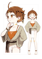 1girl :d ^_^ ahoge barefoot blvefo9 bright_pupils brown_eyes brown_hair camisole closed_eyes collarbone commentary english_commentary full_body fundoshi hair_ornament highres japanese_clothes loli multiple_views open_mouth original short_hair simple_background smile standing tilaco toes white_background white_pupils