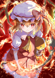 Rule 34 | 1girl, absurdres, ascot, bandaged arm, bandaged head, bandages, blonde hair, bow, burning, cowboy shot, crystal wings, dress, fire, flandre scarlet, frilled dress, frills, hat, highres, holding, holding stuffed toy, holding weapon, laevatein (touhou), looking at viewer, medium hair, mob cap, red background, red bow, red dress, red eyes, short sleeves, side ponytail, smile, solo, stuffed animal, stuffed toy, teddy bear, touhou, user juys7377, weapon, white hat, white sleeves, yellow ascot