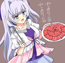 Rule 34 | + +, 1girl, 9-nine-, :d, blue eyes, blue hair, blunt bangs, blush, breasts, brown background, casual, collarbone, commentary, cowboy shot, dress, dual wielding, food, furrowed brow, hair intakes, hair ribbon, happy, heart, highres, holding, holding tray, kousaka haruka, large breasts, long hair, looking at food, meat, multicolored dress, open mouth, puffy short sleeves, puffy sleeves, purple ribbon, ribbon, short sleeves, sidelocks, simple background, smile, solo, translated, tray, very long hair, white dress, yakiniku, youei (maiko)
