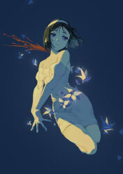 1girl alien_stage black_hair blood_from_neck blue_background blue_flower clematis_(flower) closed_mouth covered_navel detached_sleeves dress expressionless flower hairband highres injury juliet_sleeves long_sleeves looking_to_the_side mushen42833 puffy_sleeves purple_eyes short_hair simple_background solo strapless strapless_dress sua_(alien_stage) white_dress white_hairband
