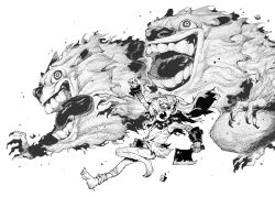 1girl absurdres arm_up barefoot bead_necklace beads cleaver clenched_hand cone_horns crosshatching cuffs fangs flat_chest gourd hair_between_eyes hatching_(texture) hb_091 highres holding holding_weapon horns japanese_clothes jewelry jumping long_hair messy_hair monster necklace oni open_mouth original pointy_ears scar shackles solo teeth tongue torn_clothes weapon wide-eyed