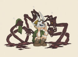 Rule 34 | 1boy, :p, ?, bare arms, black sclera, bone mask, boots, character request, clothes grab, colored sclera, exposed muscle, eye contact, fake horns, fingernails, green headwear, green tunic, grrr0111, hands up, hat, holding, holding unworn clothes, holding unworn hat, horns, knee boots, link, looking at another, male focus, mask, monster, nintendo, pointy ears, poking, sharp fingernails, short sleeves, simple background, slit pupils, squatting, the legend of zelda, tongue, tongue out, tunic, unworn hat, unworn headwear, yellow eyes