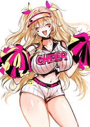 1girl absurdres blonde_hair breasts cheerleader clay_(nikke) closed_eyes dimjh english_text goddess_of_victory:_nikke highres large_breasts navel open_mouth pom_pom_(cheerleading) smiley_face solo twintails whistle whistle_around_neck