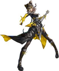 1girl artist_request black_bodysuit black_boots black_hat black_mask bodysuit boots brown_hair brown_pantyhose electric_guitar fishnet_pantyhose fishnets full_body gloves green_eyes guitar hat highres holding holding_instrument instrument mask masked official_art one_eye_closed open_mouth pantyhose persona persona_5 persona_5:_the_phantom_x plectrum sakai_ayaka short_hair smile solo teeth third-party_source yellow_gloves