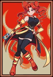 Rule 34 | 1girl, black dress, black thighhighs, blush, boots, card, closed mouth, courtney (pokemon trading card game), detached sleeves, dress, fingerless gloves, gloves, hand on own hip, highres, holding, holding card, long hair, missandydandy, nintendo, pokemon, pokemon tcg, pokemon tcg gb, red eyes, red hair, smile, thighhighs, twintails