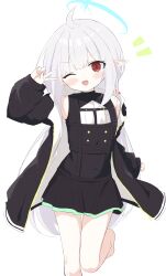 1girl absurdres barefoot blue_halo character_request check_character check_copyright copyright_request halo highres jacket long_hair one_eye_closed open_clothes open_jacket pleated_skirt pointy_ears red_eyes simple_background skirt solo user_yths2234 white_hair