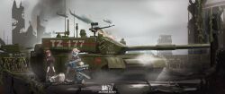 6+girls absurdres aircraft armored_personnel_carrier armored_vehicle barricade battle beret binoculars black_shirt black_skirt blonde_hair blue_archive brown_hair cannon caterpillar_tracks changhe_z-10 character_request dated dress gun halo hat helicopter highres load_bearing_vest machine_gun miliki military_vehicle motor_vehicle multiple_girls railgun reactive_armor red_eyes rifle rocket_launcher rubble schale_logo shell_casing shirt skirt smoke smoke_grenade_launcher tank under_fire weapon zbl-08 ztz-99
