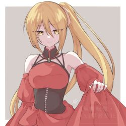 akita_neru banica_conchita banica_conchita_(cosplay) bare_shoulders black_choker blonde_hair brooch chii1113 choker corset cosplay detached_sleeves dress evillious_nendaiki expressionless gem green_gemstone hair_ribbon highres jewelry long_hair looking_to_the_side narrow_waist ney_phutapie possessed red_dress ribbon shinon_no_tokeitou_(vocaloid) side_ponytail signature skirt_hold very_long_hair vocaloid wide_sleeves yellow_eyes