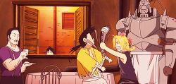 1girl 4boys alphonse_elric angry animated animated_gif armor automail black_hair blonde_hair cup edward_elric fullmetal_alchemist garfiel_(fma) lan_fan ling_yao lowres multiple_boys slapping teacup