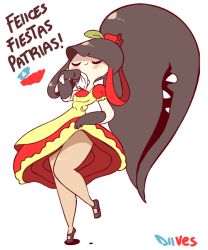 1girl animated animated_gif artist_name black_gloves black_hair black_shoes blush breasts chile chilean_clothes chilean_flag closed_eyes clothes_lift copihue creatures_(company) cueca dancing diives dress dress_lift female_focus flower full_body game_freak gen_3_pokemon gloves hair_flower hair_ornament hands_up humanization legs lifting_own_clothes mawile multicolored_hair nintendo no_humans open_mouth pokemon pokemon_(creature) pokemon_rse puffy_sleeves red_dress red_flower red_hair sharp_teeth shoes short_sleeves signature simple_background small_breasts smile solo standing teeth text_focus translated two-tone_hair white_background