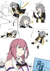1boy 3girls absurdres arlan_(honkai:_star_rail) asta_(honkai:_star_rail) bare_shoulders baseball_bat black_coat black_gloves bow bowtie braid brown_hair chickenchikin closed_mouth coat gloves half_up_braid herta_(honkai:_star_rail) highres honkai:_star_rail honkai_(series) long_hair long_sleeves monitor multiple_girls peppy_(honkai:_star_rail) pink_hair robot side_braid simple_background stelle_(honkai:_star_rail) sweater toilet trailblazer_(honkai:_star_rail) very_long_hair white_background white_bow white_bowtie white_sweater