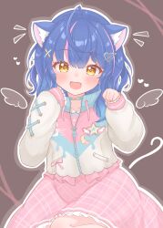 1girl absurdres ahoge amamiya_kokoro animal_ear_fluff animal_ears blue_hair blush braid cat_ears dress fang hair_between_eyes hair_ornament happy heart heart_hair_ornament highres kneeling limited_palette looking_at_viewer matcha_november mini_wings multicolored_hair nijisanji open_mouth outline paw_pose pink_dress skin_fang streaked_hair virtual_youtuber wings x_hair_ornament yellow_eyes