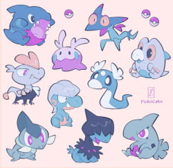 axew bagon black_eyes colored_sclera commentary deino_(pokemon) dratini dreepy english_commentary fang frigibax full_body gen_1_pokemon gen_2_pokemon gen_3_pokemon gen_4_pokemon gen_5_pokemon gen_6_pokemon gen_7_pokemon gen_8_pokemon gible goomy jangmo-o larvitar nintendo no_humans open_mouth pichiicake pink_eyes poke_ball poke_ball_(basic) pokemon pokemon_(creature) smile yellow_background yellow_sclera