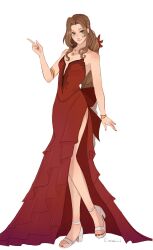 1girl aerith_gainsborough aerith_gainsborough_(red_dress) armlet bare_shoulders bracelet breasts brown_hair cleavage closed_mouth dress final_fantasy final_fantasy_vii final_fantasy_vii_remake flamenco_dress flower full_body green_eyes hair_flower hair_ornament high_heels highres jewelry long_dress long_hair looking_at_viewer medium_breasts multiple_necklaces nail_polish necklace official_alternate_costume parted_bangs plunging_neckline pointing ponytail red_dress red_flower red_nails side_slit sidelocks smile solo standing star_(symbol) star_necklace strapless strapless_dress toeless_footwear toenail_polish toenails vanekairi white_footwear