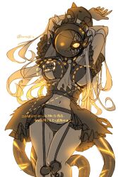 Rule 34 | 1girl, abyssal ship, arms behind head, arms up, black dress, black panties, breasts, colored skin, commentary request, covered face, cowboy shot, cracked mask, dress, frilled dress, frills, garter straps, glowing, glowing eye, highres, kantai collection, long hair, looking at viewer, necktie, oso (toolate), pale skin, panties, ra-class destroyer, ra-class destroyer zeta, showgirl skirt, simple background, solo, spikes, torn clothes, torn necktie, translation request, underwear, white background, white necktie, white skin, yellow eyes