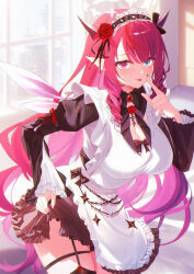 1girl absurdres apron black_dress black_nails black_thighhighs blue_eyes blurry blurry_background blush clothes_lift dress flower garter_straps hair_flower hair_ornament heterochromia highres hololive horns indoors irys_(hololive) irys_(maid)_(hololive) jiang_ye_kiri long_hair long_sleeves looking_at_viewer maid maid_headdress pointy_ears red_eyes red_hair skirt skirt_lift smile solo thigh_strap thighhighs tongue tongue_out virtual_youtuber white_apron wings